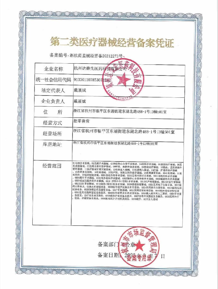 Second class medical device business registration certificate